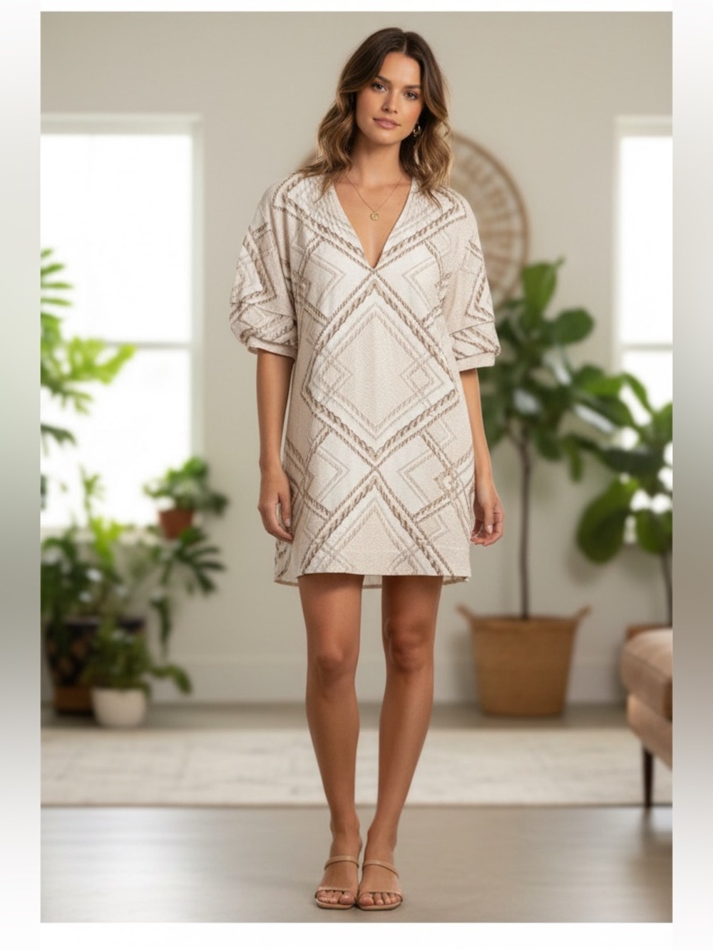 Le Superbe Cream Geometric V Neck Tunic Mini Dress